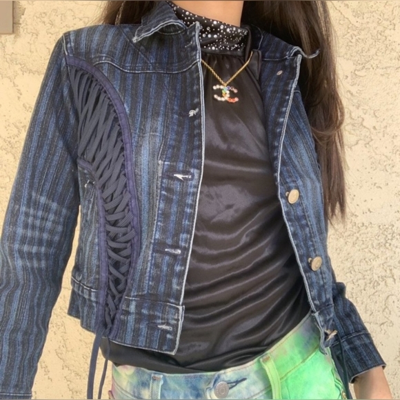 🆕️Y2k Crest Striped Lace Up Demin Cropped Jacket NWT Sz L - Picture 6 of 14